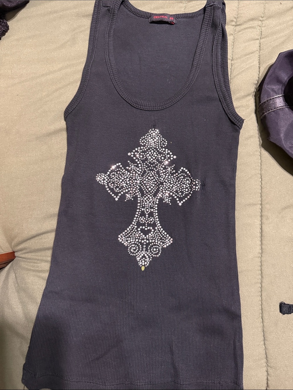 Ladies Black Muscle Tank with Rhinestone Cross